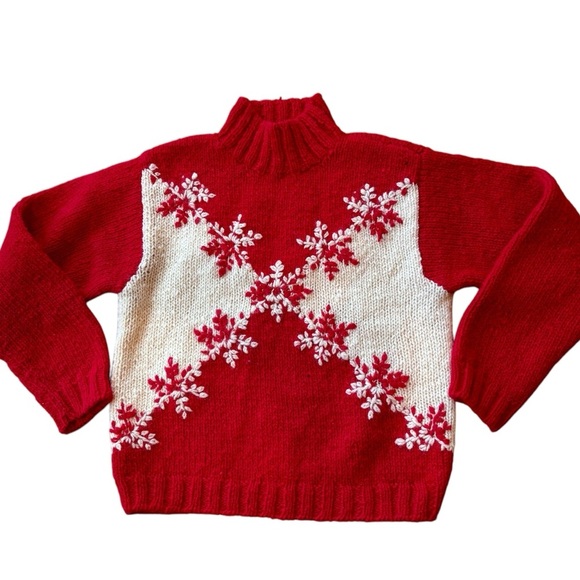 Vtg Express Wool Sweater Red White Turtleneck Snowflake Size Medium - Picture 1 of 4